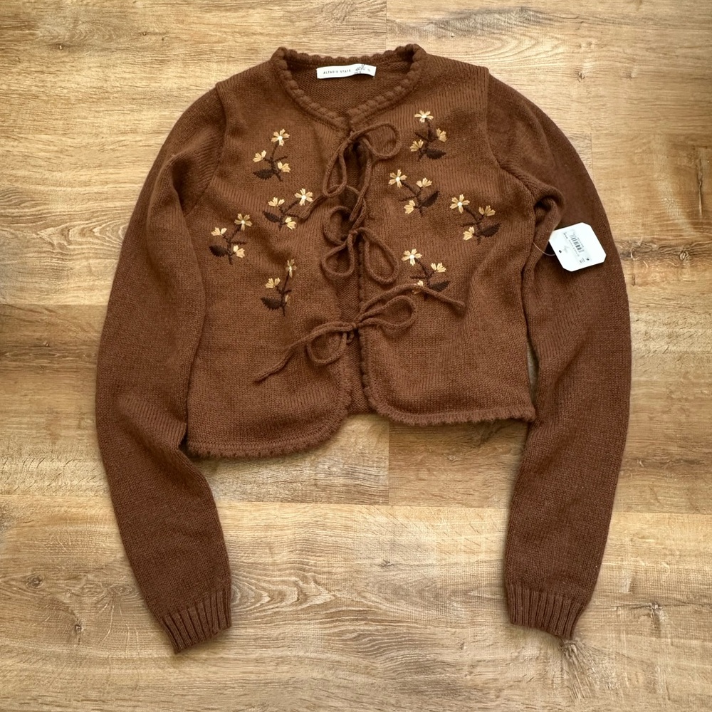 NEW Altar'd State Brown Embroidered Cardigan - Small